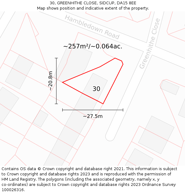 30, GREENHITHE CLOSE, SIDCUP, DA15 8EE: Plot and title map
