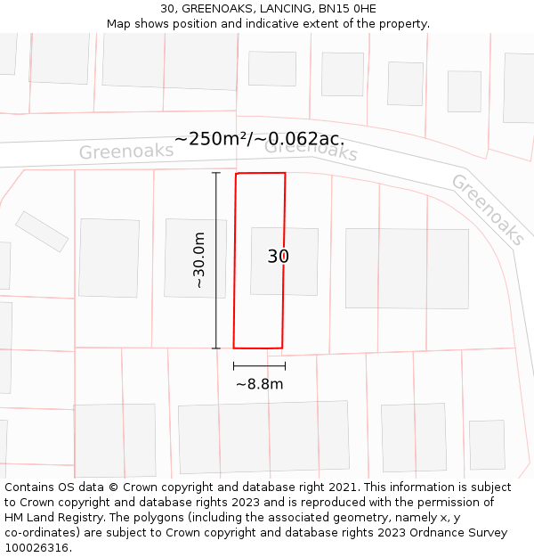 30, GREENOAKS, LANCING, BN15 0HE: Plot and title map