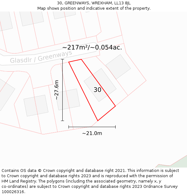 30, GREENWAYS, WREXHAM, LL13 8JL: Plot and title map