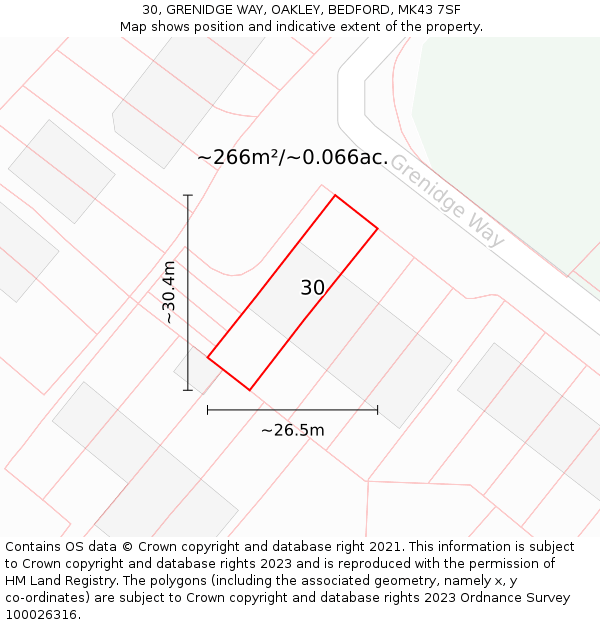 30, GRENIDGE WAY, OAKLEY, BEDFORD, MK43 7SF: Plot and title map