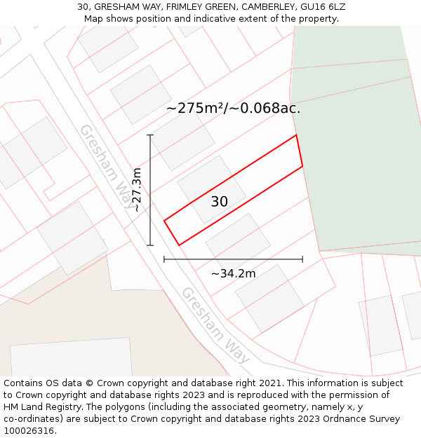 30, GRESHAM WAY, FRIMLEY GREEN, CAMBERLEY, GU16 6LZ: Plot and title map