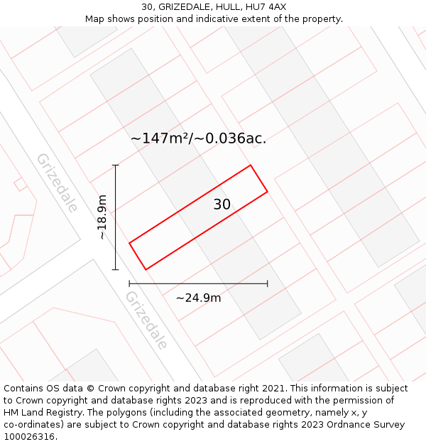 30, GRIZEDALE, HULL, HU7 4AX: Plot and title map