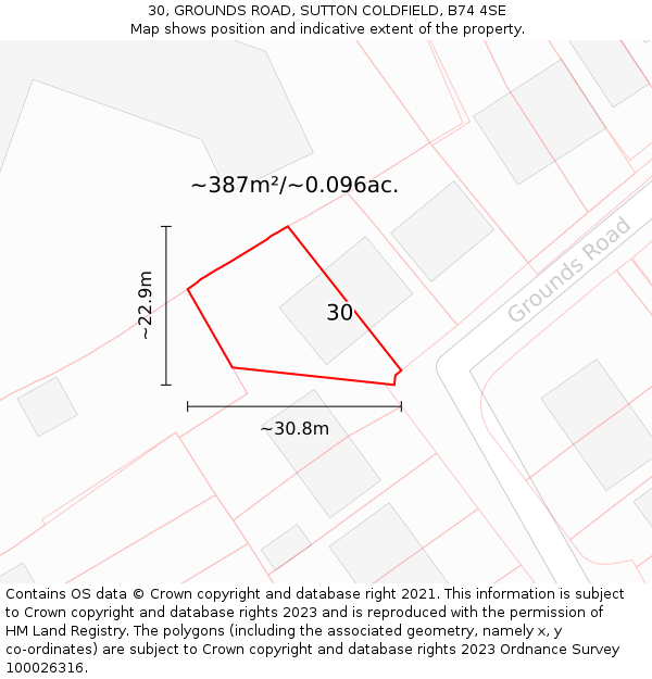 30, GROUNDS ROAD, SUTTON COLDFIELD, B74 4SE: Plot and title map