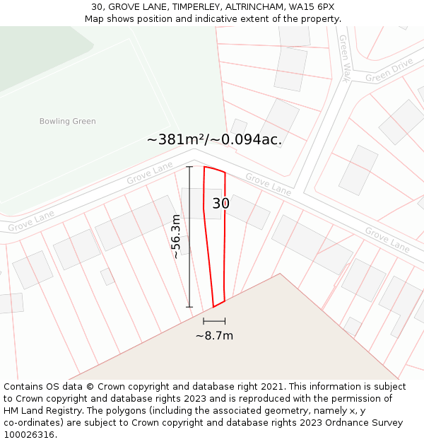 30, GROVE LANE, TIMPERLEY, ALTRINCHAM, WA15 6PX: Plot and title map