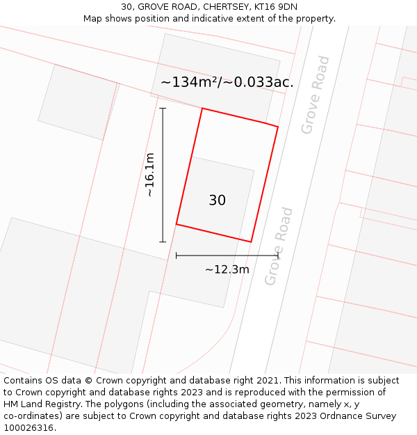 30, GROVE ROAD, CHERTSEY, KT16 9DN: Plot and title map