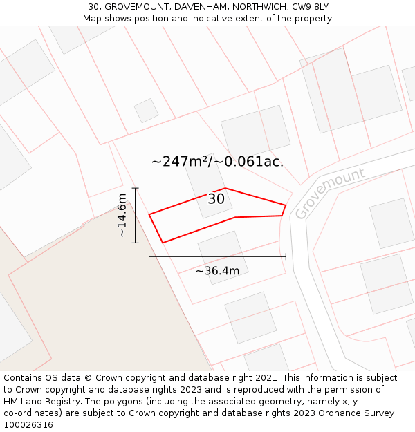 30, GROVEMOUNT, DAVENHAM, NORTHWICH, CW9 8LY: Plot and title map