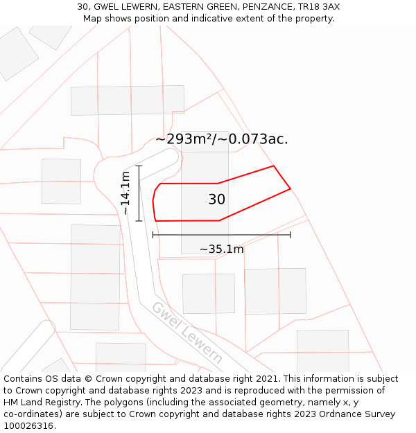 30, GWEL LEWERN, EASTERN GREEN, PENZANCE, TR18 3AX: Plot and title map