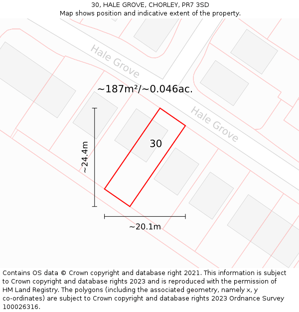 30, HALE GROVE, CHORLEY, PR7 3SD: Plot and title map