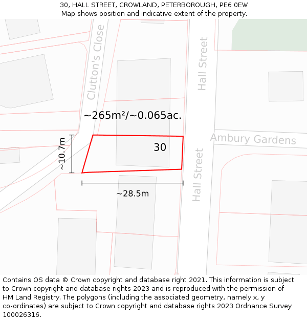 30, HALL STREET, CROWLAND, PETERBOROUGH, PE6 0EW: Plot and title map