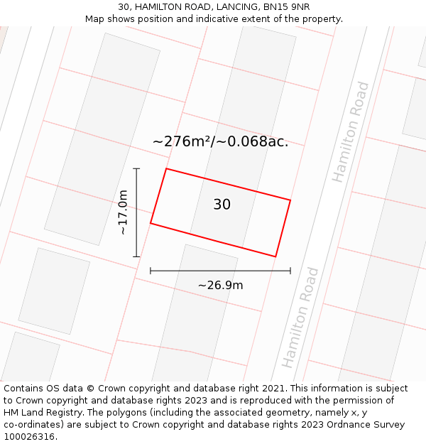 30, HAMILTON ROAD, LANCING, BN15 9NR: Plot and title map