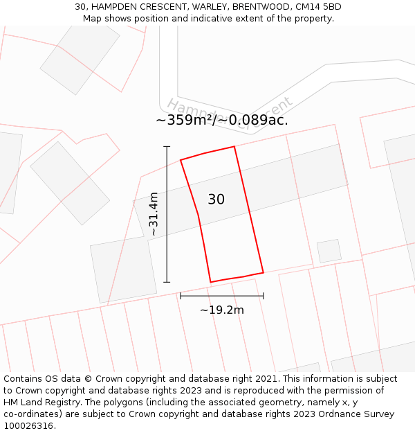 30, HAMPDEN CRESCENT, WARLEY, BRENTWOOD, CM14 5BD: Plot and title map