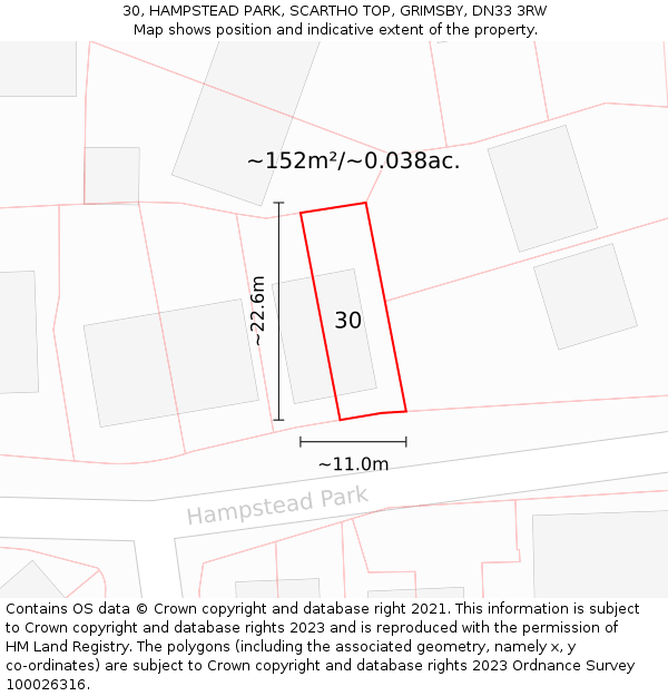 30, HAMPSTEAD PARK, SCARTHO TOP, GRIMSBY, DN33 3RW: Plot and title map