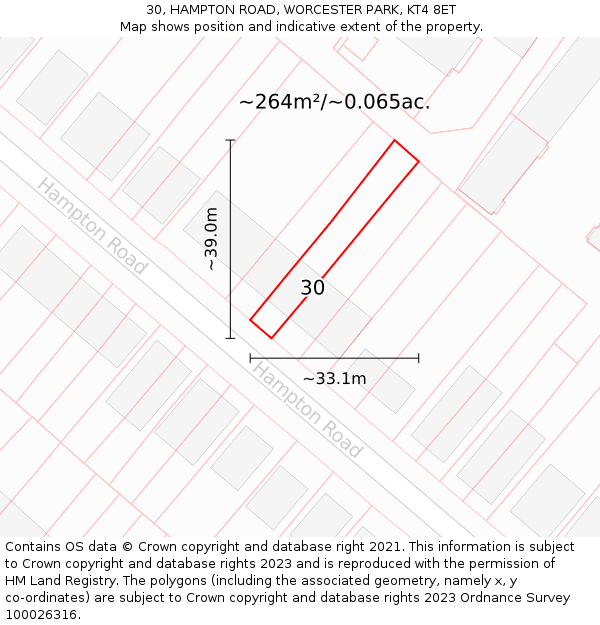 30, HAMPTON ROAD, WORCESTER PARK, KT4 8ET: Plot and title map