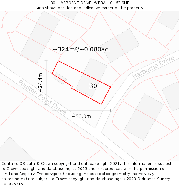 30, HARBORNE DRIVE, WIRRAL, CH63 9HF: Plot and title map