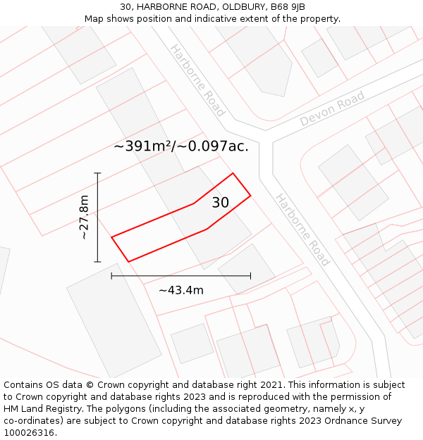 30, HARBORNE ROAD, OLDBURY, B68 9JB: Plot and title map