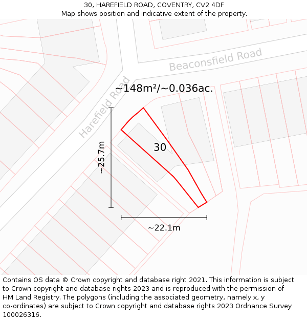 30, HAREFIELD ROAD, COVENTRY, CV2 4DF: Plot and title map