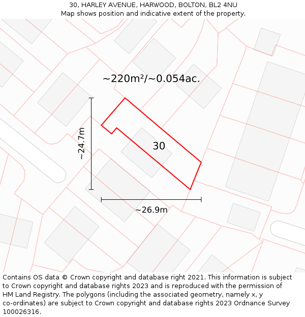 30, HARLEY AVENUE, HARWOOD, BOLTON, BL2 4NU: Plot and title map
