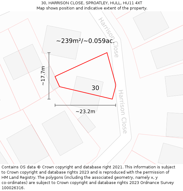 30, HARRISON CLOSE, SPROATLEY, HULL, HU11 4XT: Plot and title map