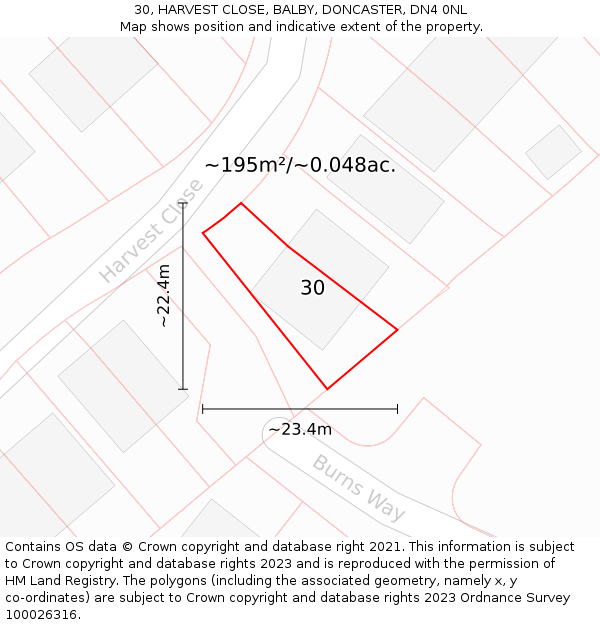 30, HARVEST CLOSE, BALBY, DONCASTER, DN4 0NL: Plot and title map