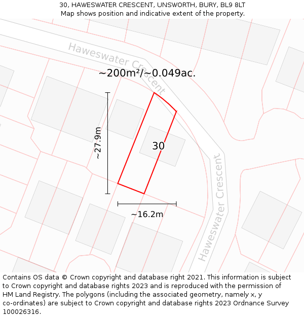 30, HAWESWATER CRESCENT, UNSWORTH, BURY, BL9 8LT: Plot and title map