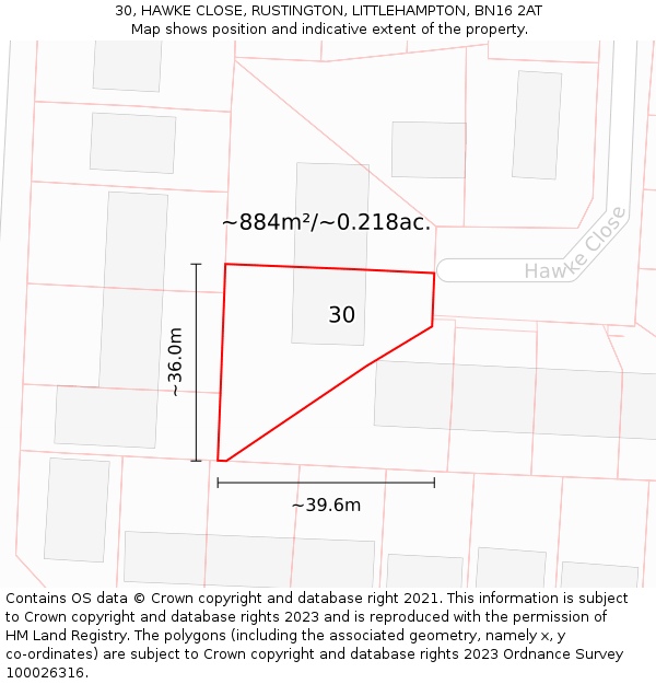 30, HAWKE CLOSE, RUSTINGTON, LITTLEHAMPTON, BN16 2AT: Plot and title map