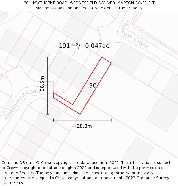 30, HAWTHORNE ROAD, WEDNESFIELD, WOLVERHAMPTON, WV11 3LT: Plot and title map