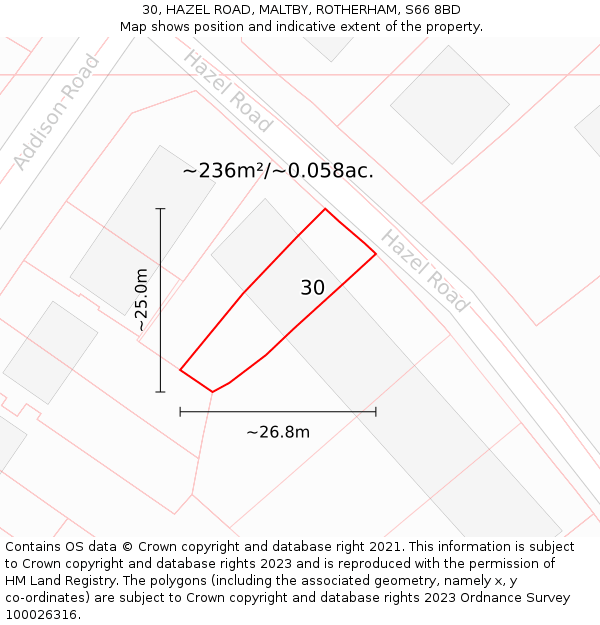 30, HAZEL ROAD, MALTBY, ROTHERHAM, S66 8BD: Plot and title map