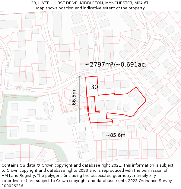 30, HAZELHURST DRIVE, MIDDLETON, MANCHESTER, M24 6TL: Plot and title map
