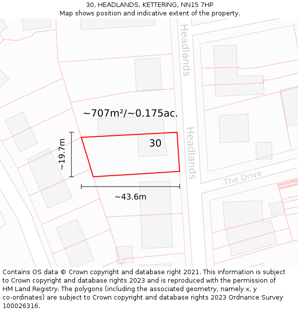 30, HEADLANDS, KETTERING, NN15 7HP: Plot and title map