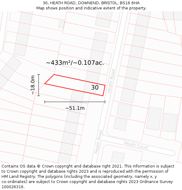 30, HEATH ROAD, DOWNEND, BRISTOL, BS16 6HA: Plot and title map