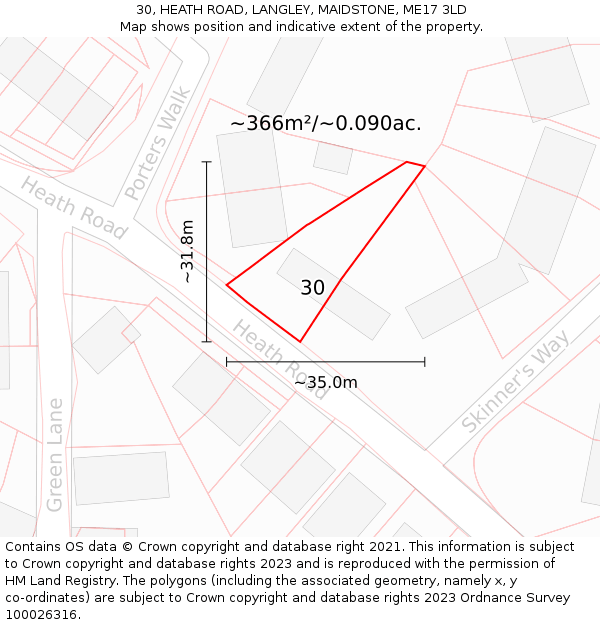 30, HEATH ROAD, LANGLEY, MAIDSTONE, ME17 3LD: Plot and title map