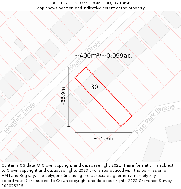 30, HEATHER DRIVE, ROMFORD, RM1 4SP: Plot and title map