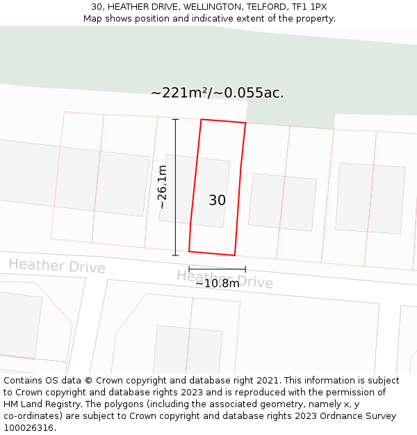 30, HEATHER DRIVE, WELLINGTON, TELFORD, TF1 1PX: Plot and title map