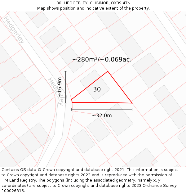 30, HEDGERLEY, CHINNOR, OX39 4TN: Plot and title map
