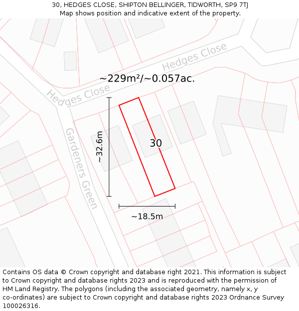 30, HEDGES CLOSE, SHIPTON BELLINGER, TIDWORTH, SP9 7TJ: Plot and title map