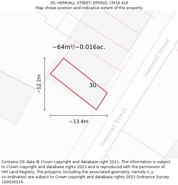 30, HEMNALL STREET, EPPING, CM16 4LR: Plot and title map