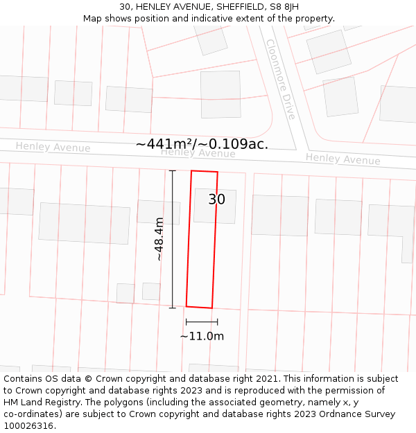 30, HENLEY AVENUE, SHEFFIELD, S8 8JH: Plot and title map