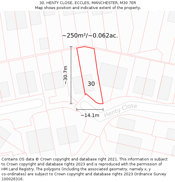 30, HENTY CLOSE, ECCLES, MANCHESTER, M30 7ER: Plot and title map