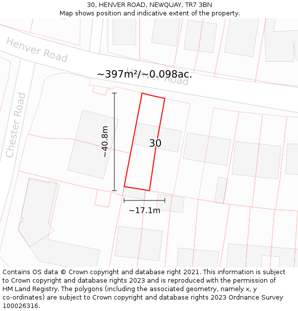 30, HENVER ROAD, NEWQUAY, TR7 3BN: Plot and title map