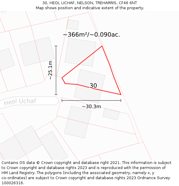 30, HEOL UCHAF, NELSON, TREHARRIS, CF46 6NT: Plot and title map