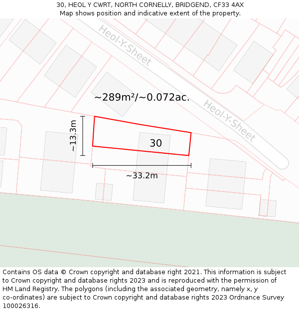 30, HEOL Y CWRT, NORTH CORNELLY, BRIDGEND, CF33 4AX: Plot and title map
