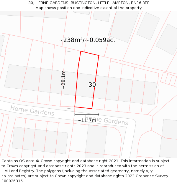 30, HERNE GARDENS, RUSTINGTON, LITTLEHAMPTON, BN16 3EF: Plot and title map