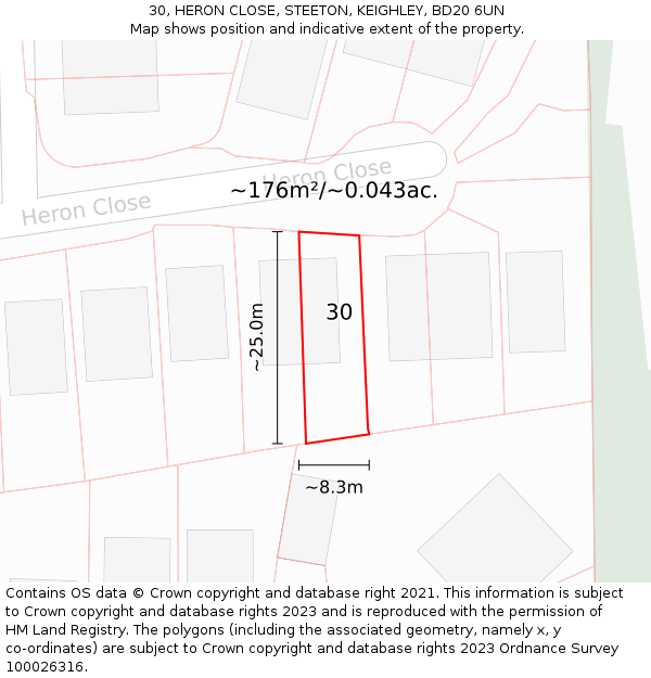 30, HERON CLOSE, STEETON, KEIGHLEY, BD20 6UN: Plot and title map