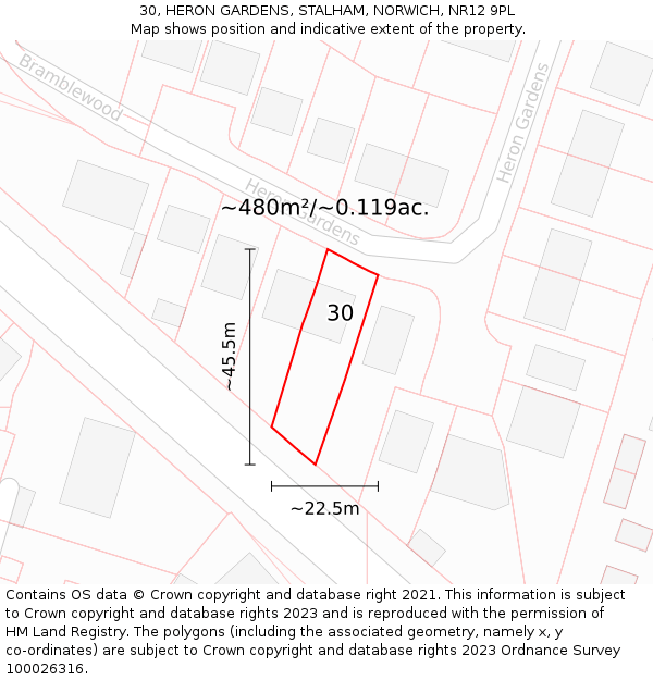 30, HERON GARDENS, STALHAM, NORWICH, NR12 9PL: Plot and title map