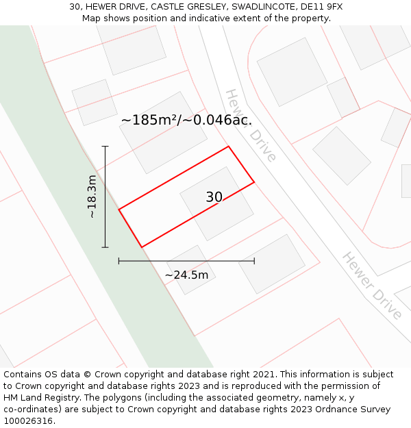 30, HEWER DRIVE, CASTLE GRESLEY, SWADLINCOTE, DE11 9FX: Plot and title map