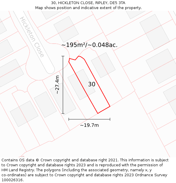 30, HICKLETON CLOSE, RIPLEY, DE5 3TA: Plot and title map