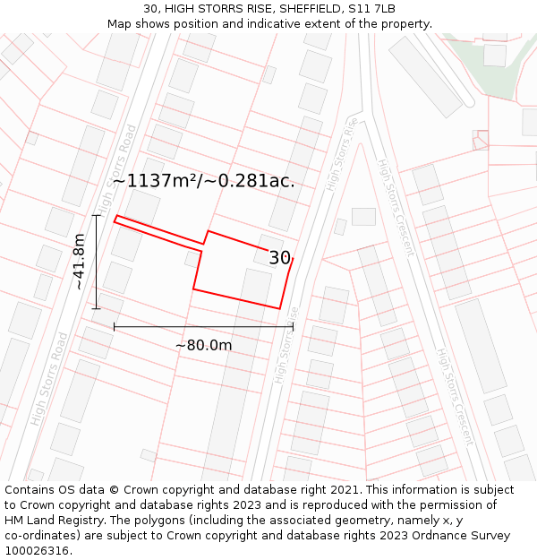 30, HIGH STORRS RISE, SHEFFIELD, S11 7LB: Plot and title map