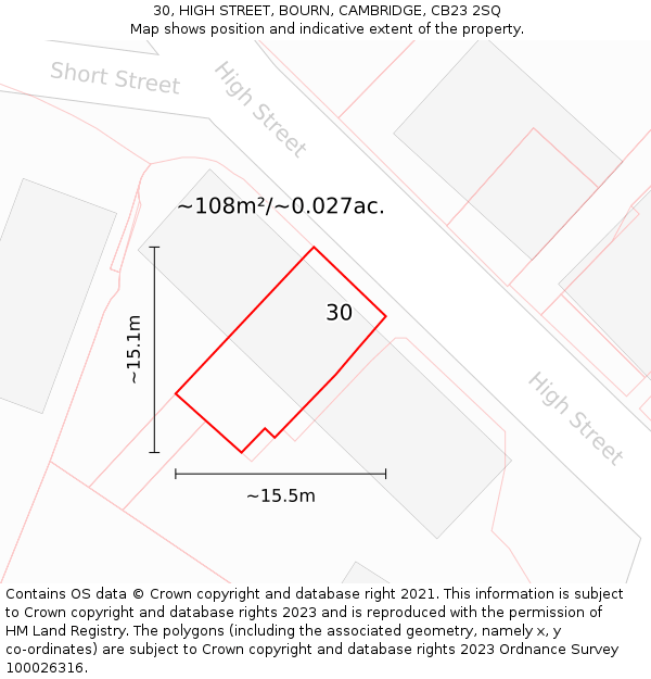 30, HIGH STREET, BOURN, CAMBRIDGE, CB23 2SQ: Plot and title map