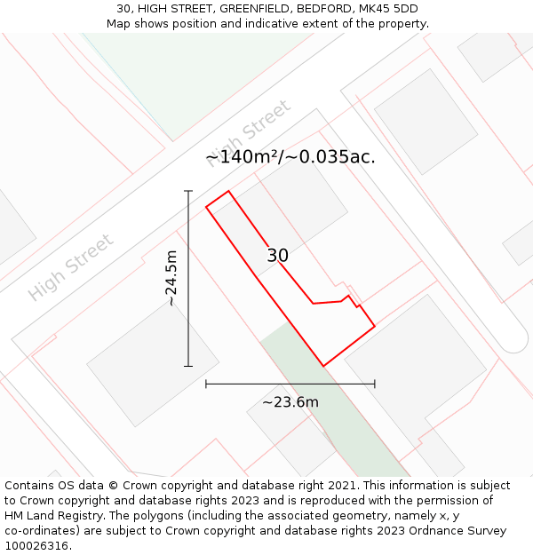 30, HIGH STREET, GREENFIELD, BEDFORD, MK45 5DD: Plot and title map
