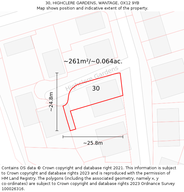 30, HIGHCLERE GARDENS, WANTAGE, OX12 9YB: Plot and title map